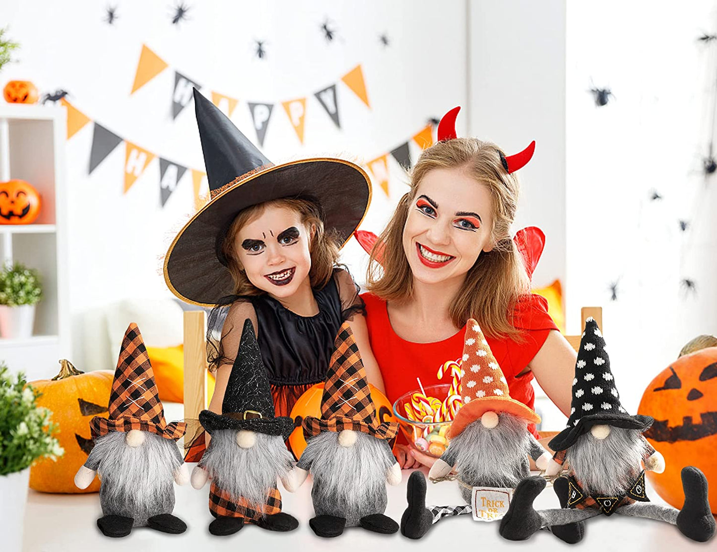 Halloween Gnome Decorations Set of 4, Elf Plush Doll for Home Bar Décor Household Ornaments, Tomte with 4 Different Designs and 2 Different Size