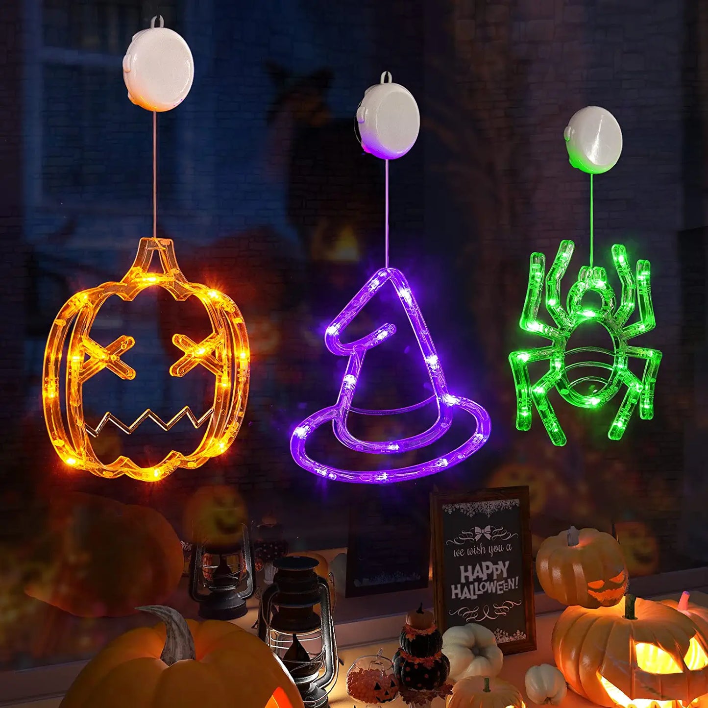 Halloween Decorations,3 Pack of Orange Pumpkin, Green Spider and Purple Witch Hat Halloween Window Lights with Suction Cup, Battery Operated Indoor Lights for Halloween Window Decoration