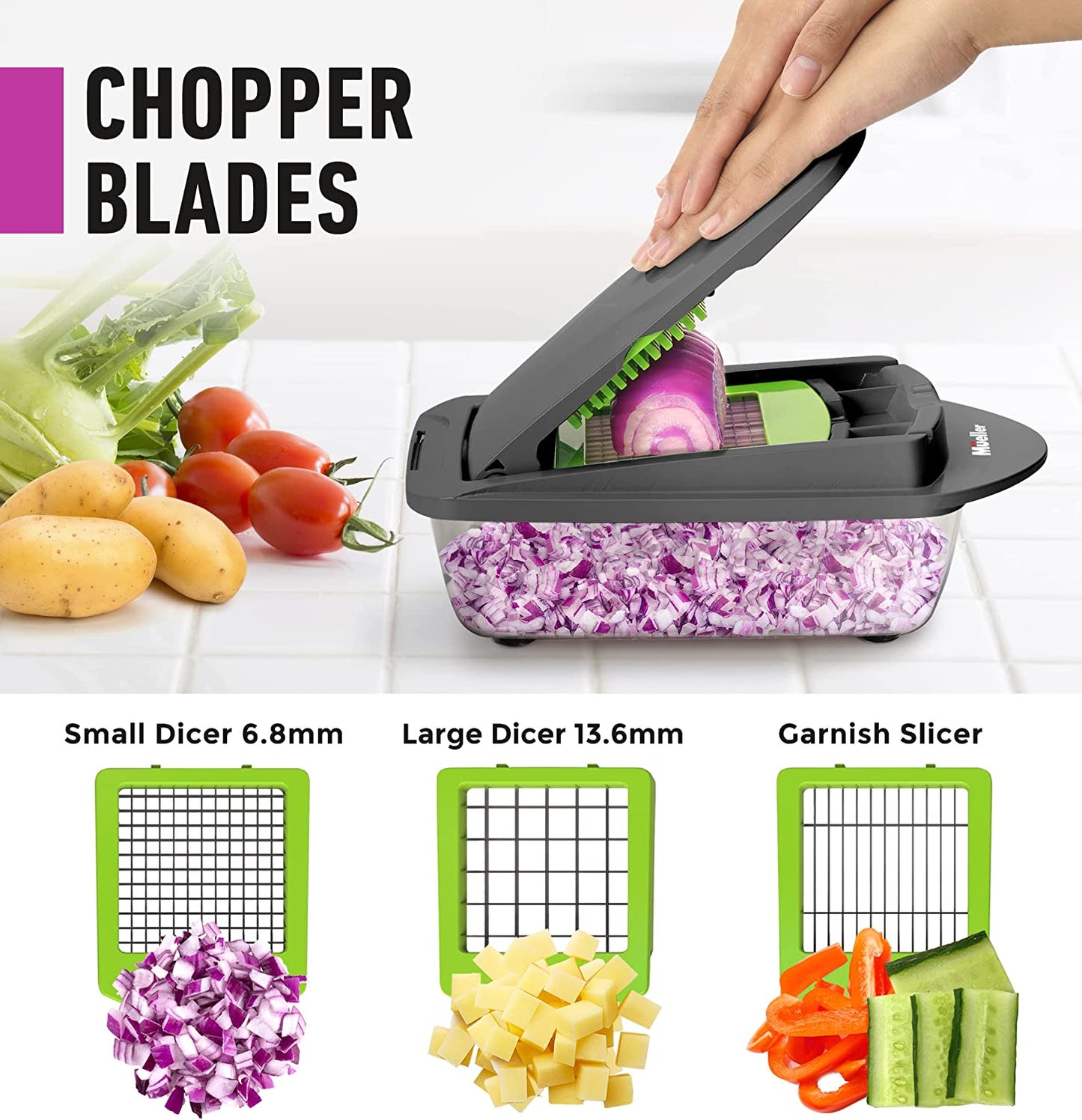 Mueller Pro-Series 10-In-1, 8 Blade Vegetable Slicer, Onion Mincer Chopper, Vegetable Chopper, Cutter, Dicer, Egg Slicer with Container