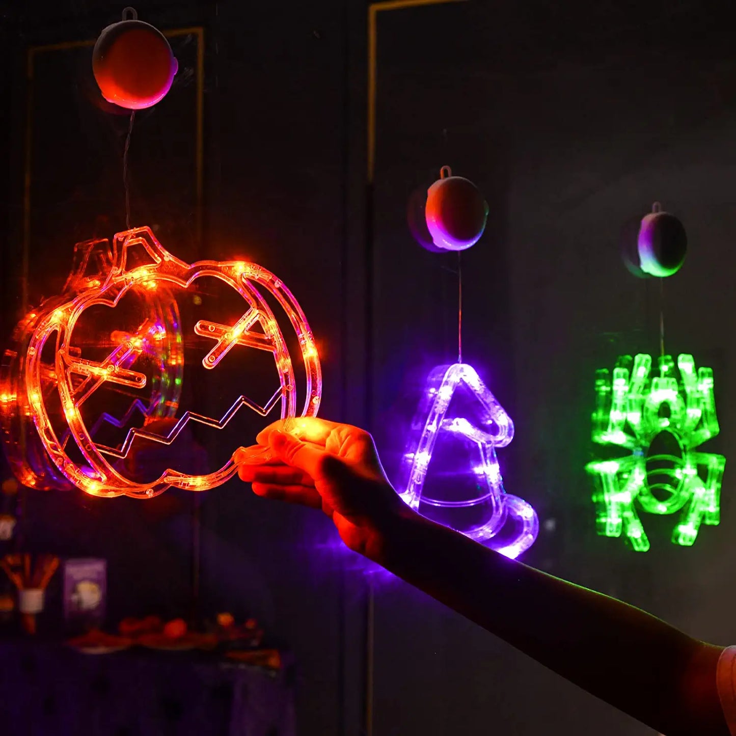 Halloween Decorations,3 Pack of Orange Pumpkin, Green Spider and Purple Witch Hat Halloween Window Lights with Suction Cup, Battery Operated Indoor Lights for Halloween Window Decoration