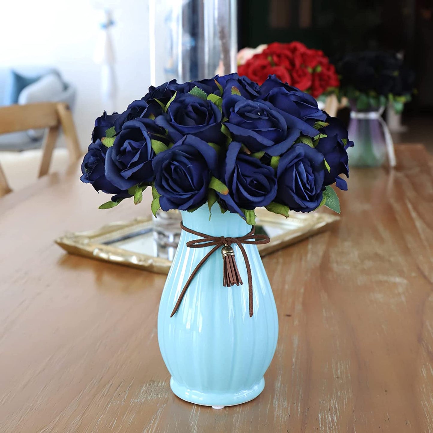 24 PCS Artificial Flowers, Real Touch Fake Flowers for Decoration, Artificial Rose with Stems for Room Decor and Home Wedding Party Baby Shower Centerpieces Decorations (Navy Blue)