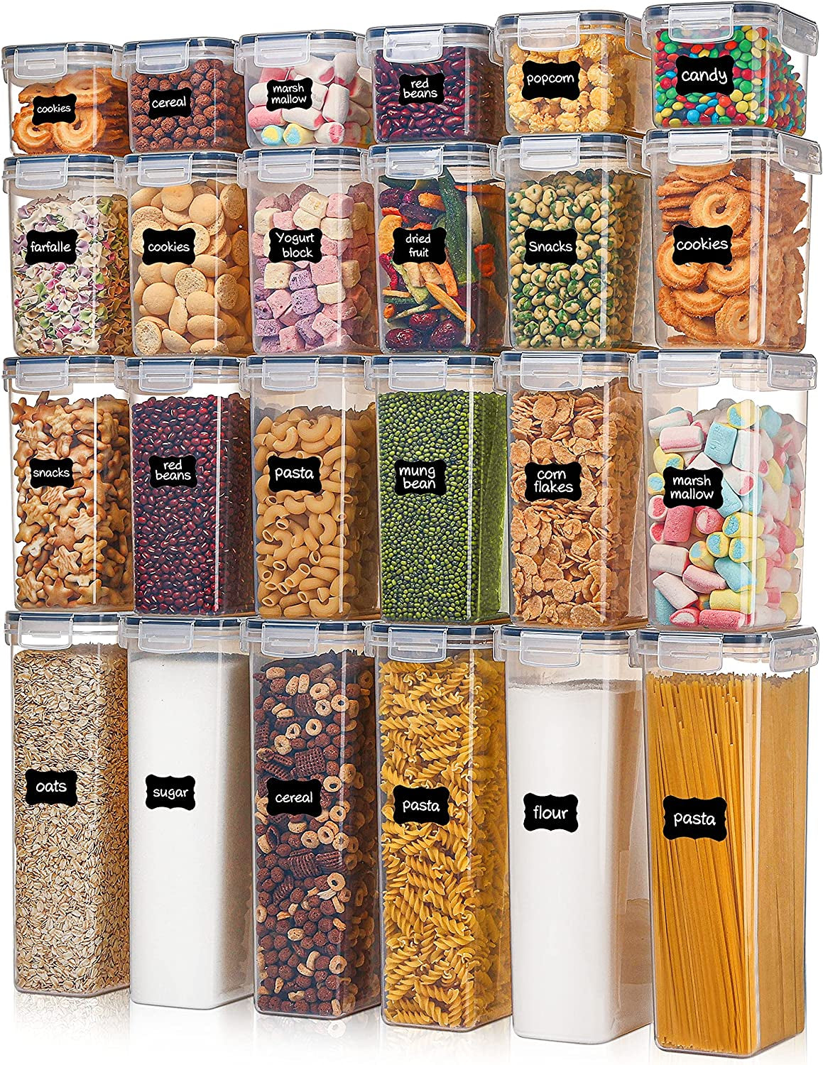 Airtight Food Storage Containers with Lids, 24 Pcs Plastic Kitchen and Pantry Organization Canisters for Cereal, Dry Food, Flour and Sugar, BPA Free, Includes 24 Labels…