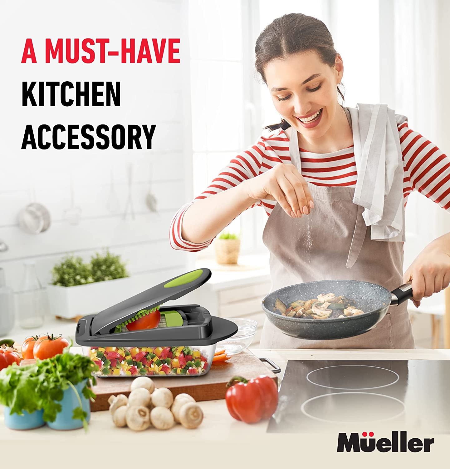 Mueller Pro-Series 10-In-1, 8 Blade Vegetable Slicer, Onion Mincer Chopper, Vegetable Chopper, Cutter, Dicer, Egg Slicer with Container