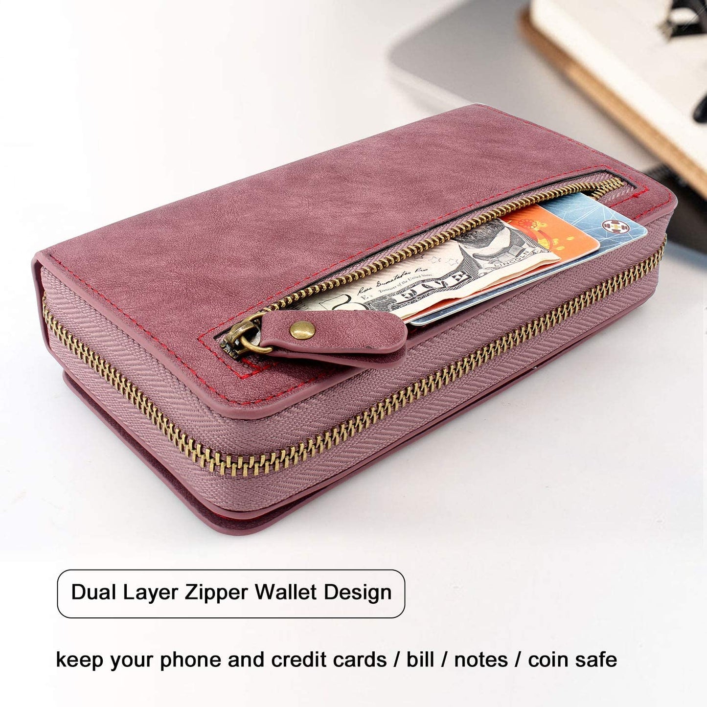 Lacass Compatible with Iphone 12 Pro Max Crossbody Chain Dual Zipper Detachable Magnetic Leather Wallet Case Cover Wristlets Wrist Strap with Card Slot Money Pocket(Wine Red)
