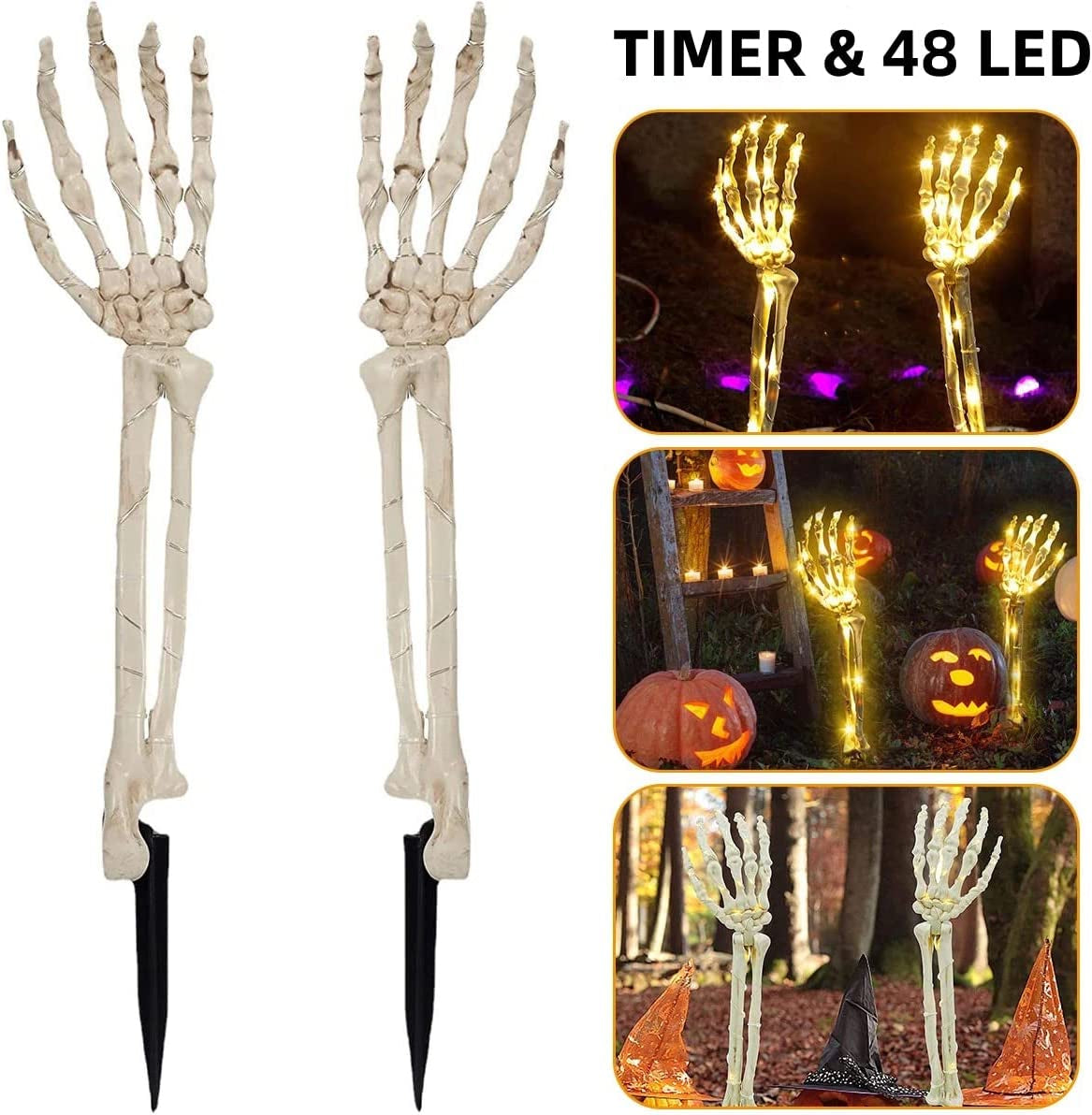 Halloween Decorations 2PCS Lighted Skelton Arm Stakes 48 LED Halloween Décor Light up Halloween Skeleton Decorations with Timer Waterproof Battery Operated Outdoor Ornament Yard Decor Holiday Party