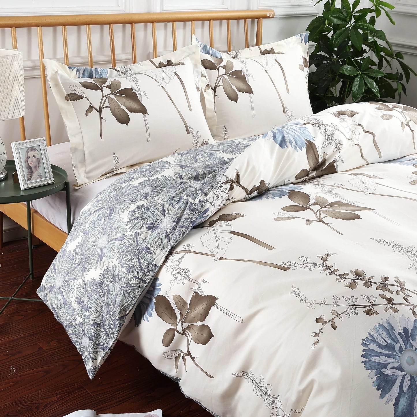Daisy Silhouette Floral Print 2-Piece 100% Cotton Bedding Set: Duvet Cover and One Pillow Sham (Twin)