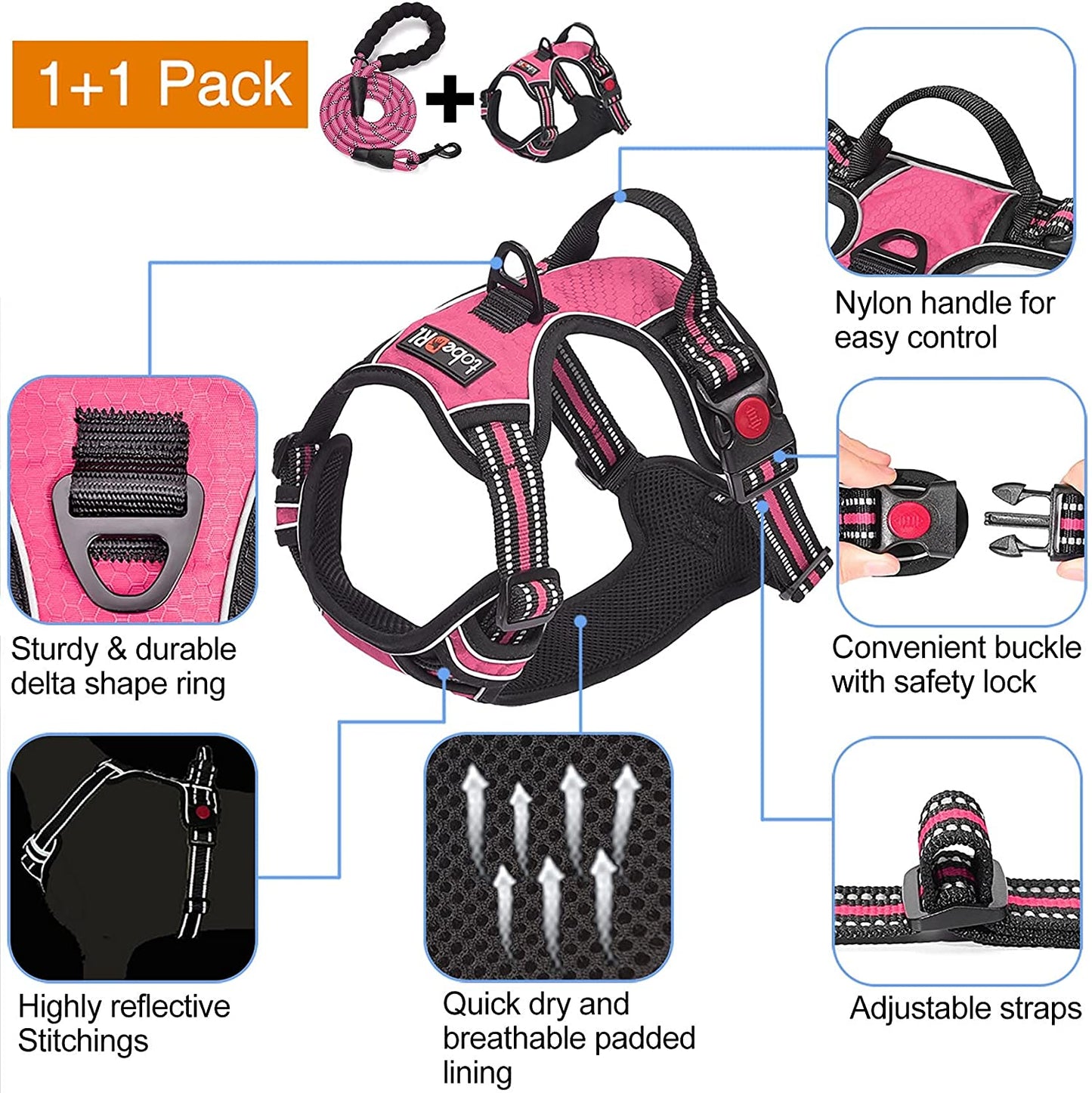 No Pull Dog Harness Adjustable Reflective Oxford Easy Control Medium Large Dog Harness with a Free Heavy Duty 5Ft Dog Leash (L (Neck: 18"-25.5", Chest: 24.5"-33"), Pink Harness+Leash)