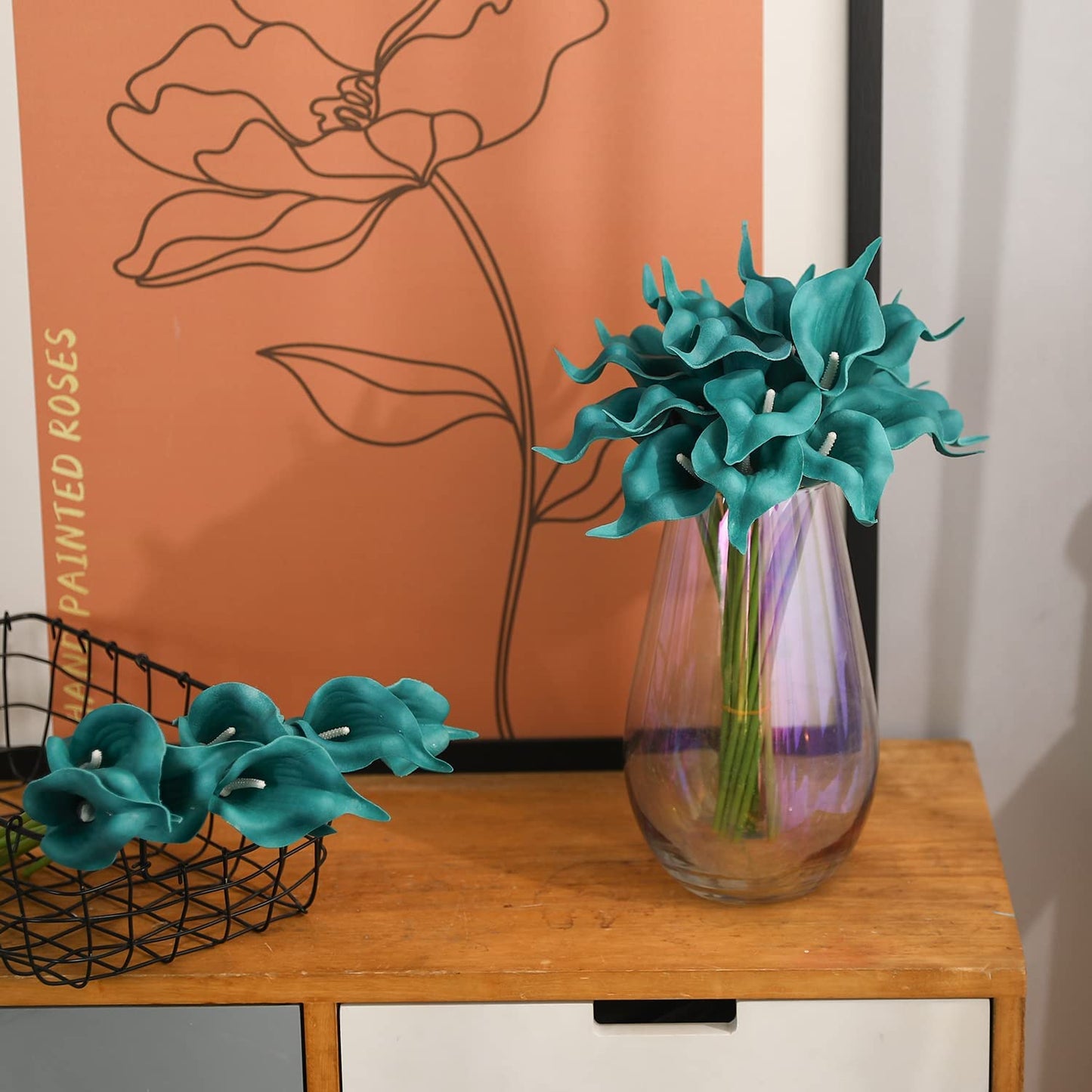 20Pcs Artificial Calla Lily Fake Teal Flowers Wedding Bouquet Real Touch Flower for Bride Wedding Home (Peacock Blue)