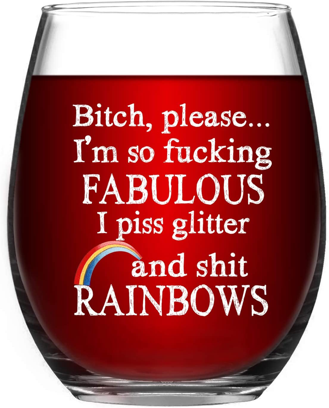 Funny Wine Glass Gift for Women 15Oz, Please I’M so Fabulous I Pee Glitter Stemless Wine Glass, Unique Inspirational Gifts for Women Best Friends Sisters BFF Girlfriends, Birthday Christmas Gifts