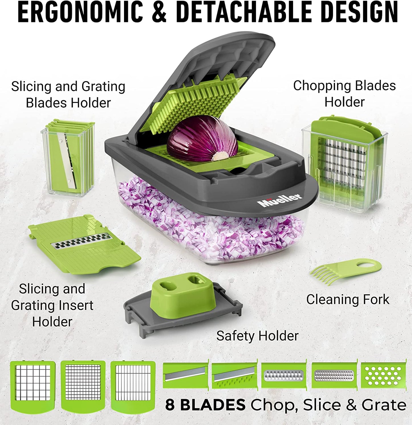 Mueller Pro-Series 10-In-1, 8 Blade Vegetable Slicer, Onion Mincer Chopper, Vegetable Chopper, Cutter, Dicer, Egg Slicer with Container