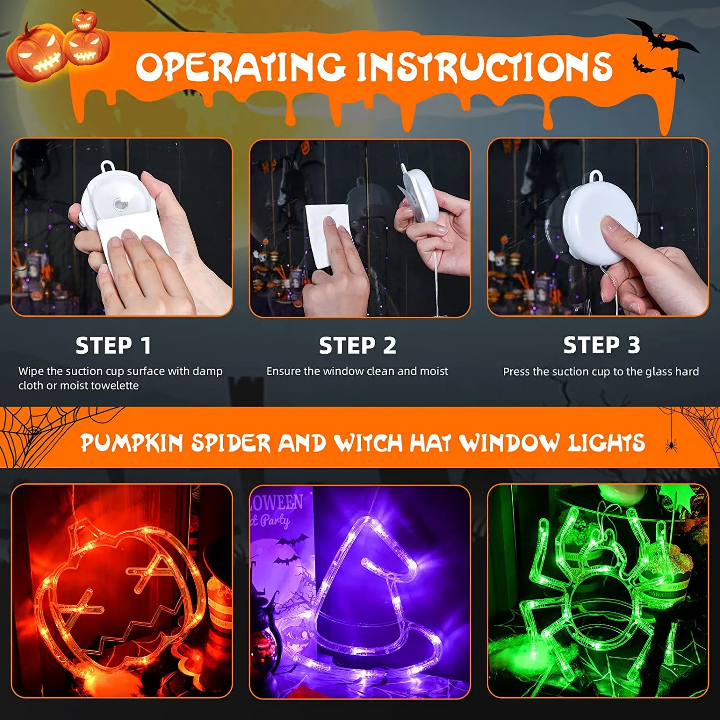 Halloween Decorations,3 Pack of Orange Pumpkin, Green Spider and Purple Witch Hat Halloween Window Lights with Suction Cup, Battery Operated Indoor Lights for Halloween Window Decoration