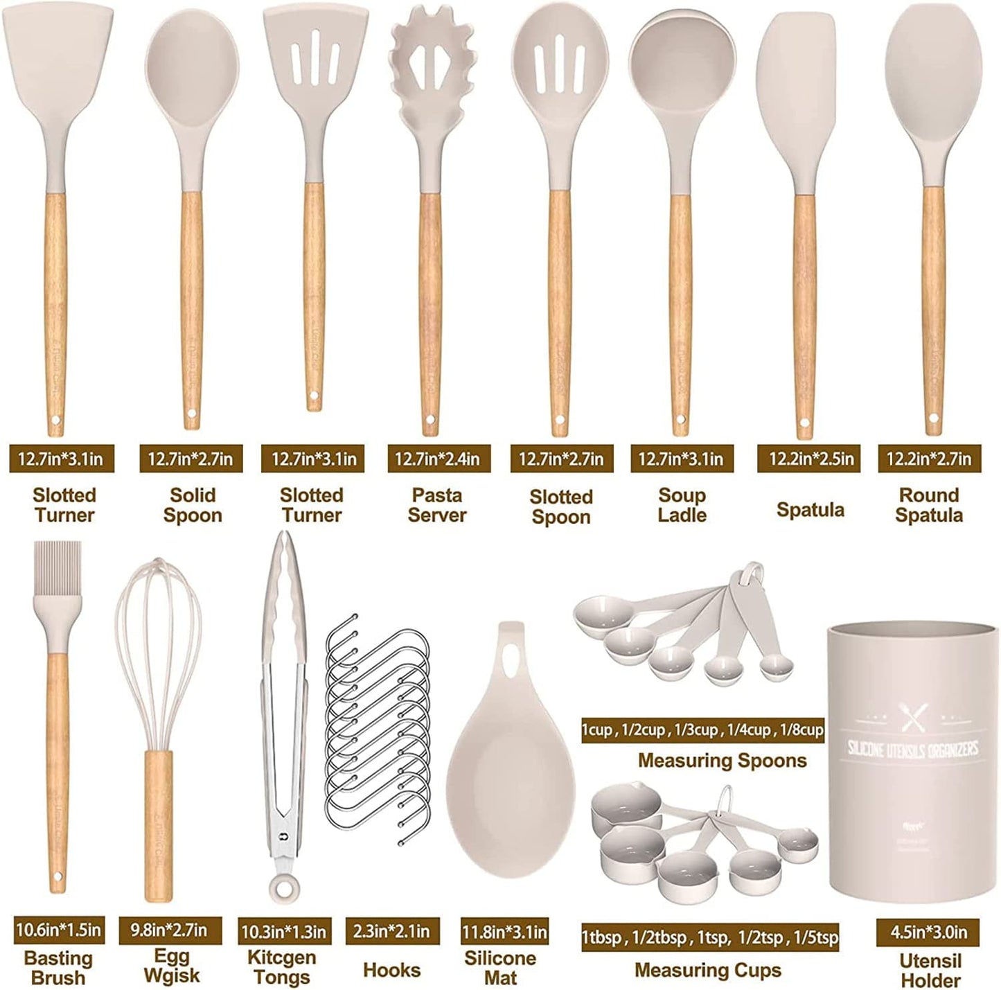 Kitchen Cooking Utensils Set, 33 Pcs Non-Stick Silicone Cooking Kitchen Utensils Spatula Set with Holder, Wooden Handle Silicone Kitchen Gadgets Utensil Set (Khaki)