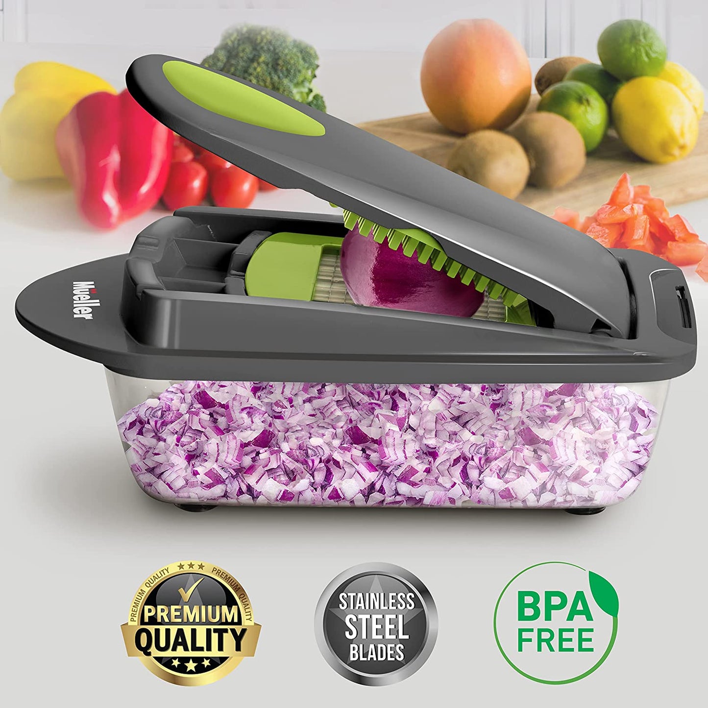 Mueller Pro-Series 10-In-1, 8 Blade Vegetable Slicer, Onion Mincer Chopper, Vegetable Chopper, Cutter, Dicer, Egg Slicer with Container