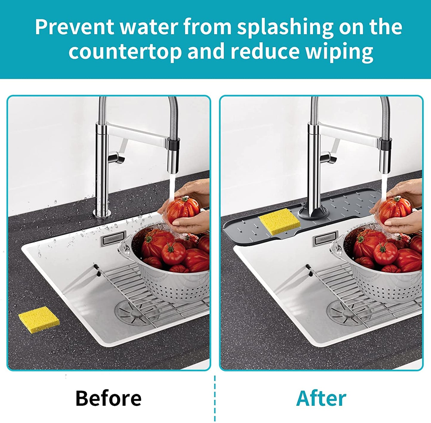 Kitchen Sink Splash Guard Mat - Silicone Sink Water Splash Catcher Pad behind Faucet for Kitchen, Bathroom, Sink Draining Dish Drying Mat Countertop Splash Protector & Storage (Dark Grey)