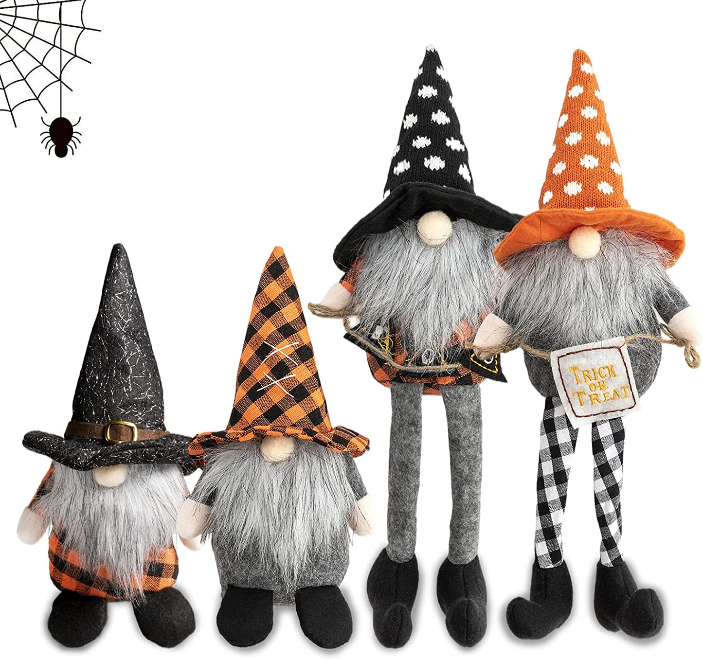 Halloween Gnome Decorations Set of 4, Elf Plush Doll for Home Bar Décor Household Ornaments, Tomte with 4 Different Designs and 2 Different Size