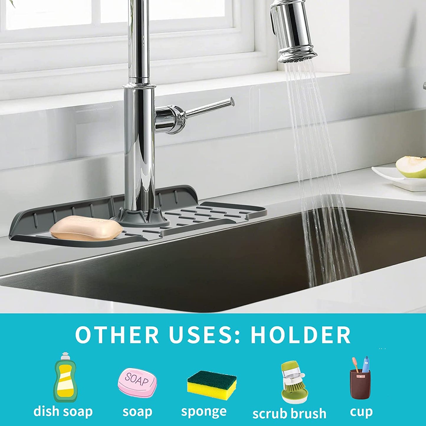 Kitchen Sink Splash Guard Mat - Silicone Sink Water Splash Catcher Pad behind Faucet for Kitchen, Bathroom, Sink Draining Dish Drying Mat Countertop Splash Protector & Storage (Dark Grey)