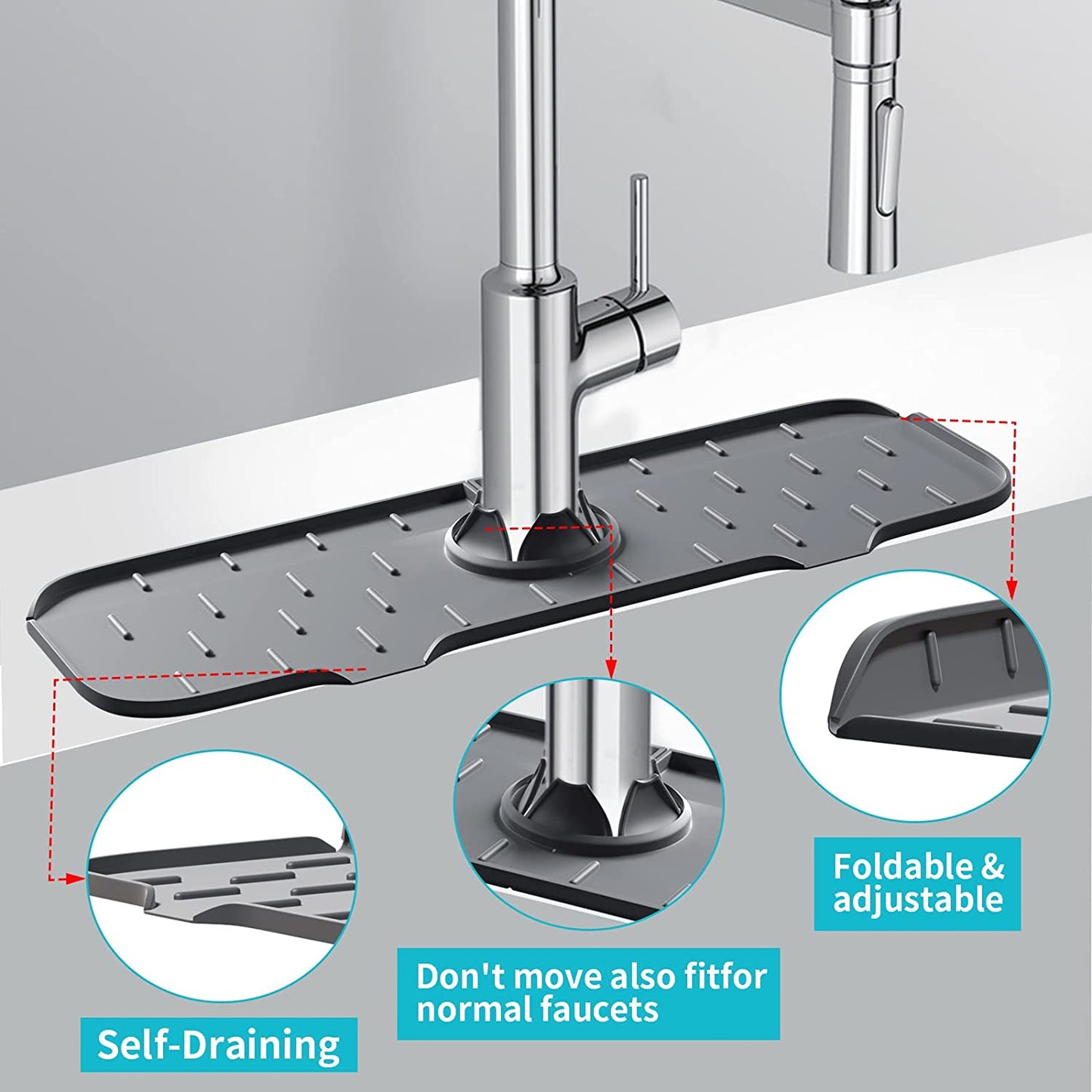 Kitchen Sink Splash Guard Mat - Silicone Sink Water Splash Catcher Pad behind Faucet for Kitchen, Bathroom, Sink Draining Dish Drying Mat Countertop Splash Protector & Storage (Dark Grey)