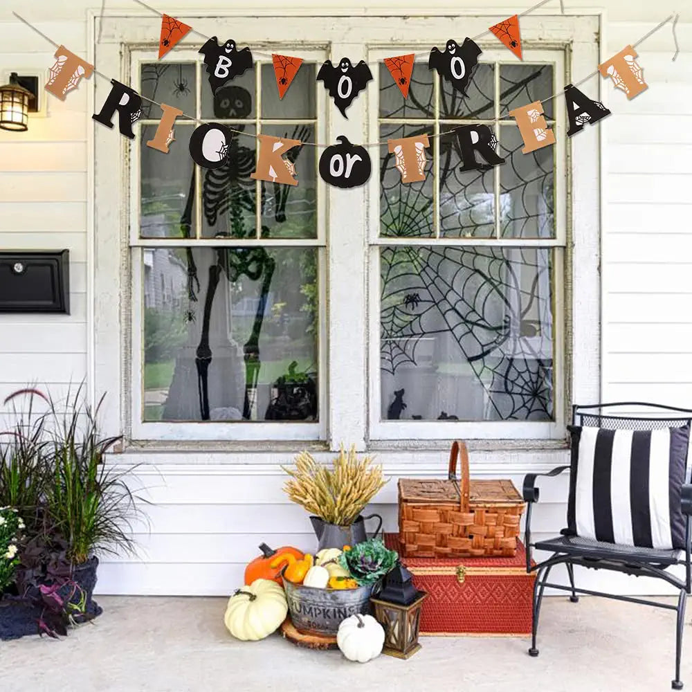 Halloween Decorations Banner Garland Trick or Treat Boo Banner Home Decor Bunting Flag with Pumpkin Ghost Sign for Halloween Decor Party Supplies Home Hanging