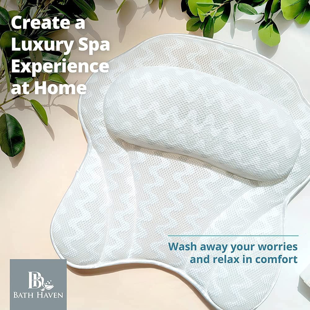 Bath Pillow Bathtub Pillow Back Neck Support Pillow, Spa Cushion for Tub, Relaxing Headrest Bath Pillow, Portable Washable Bathtub Accessories with 3D Air Mesh Thick Soft Bath Pillow, White