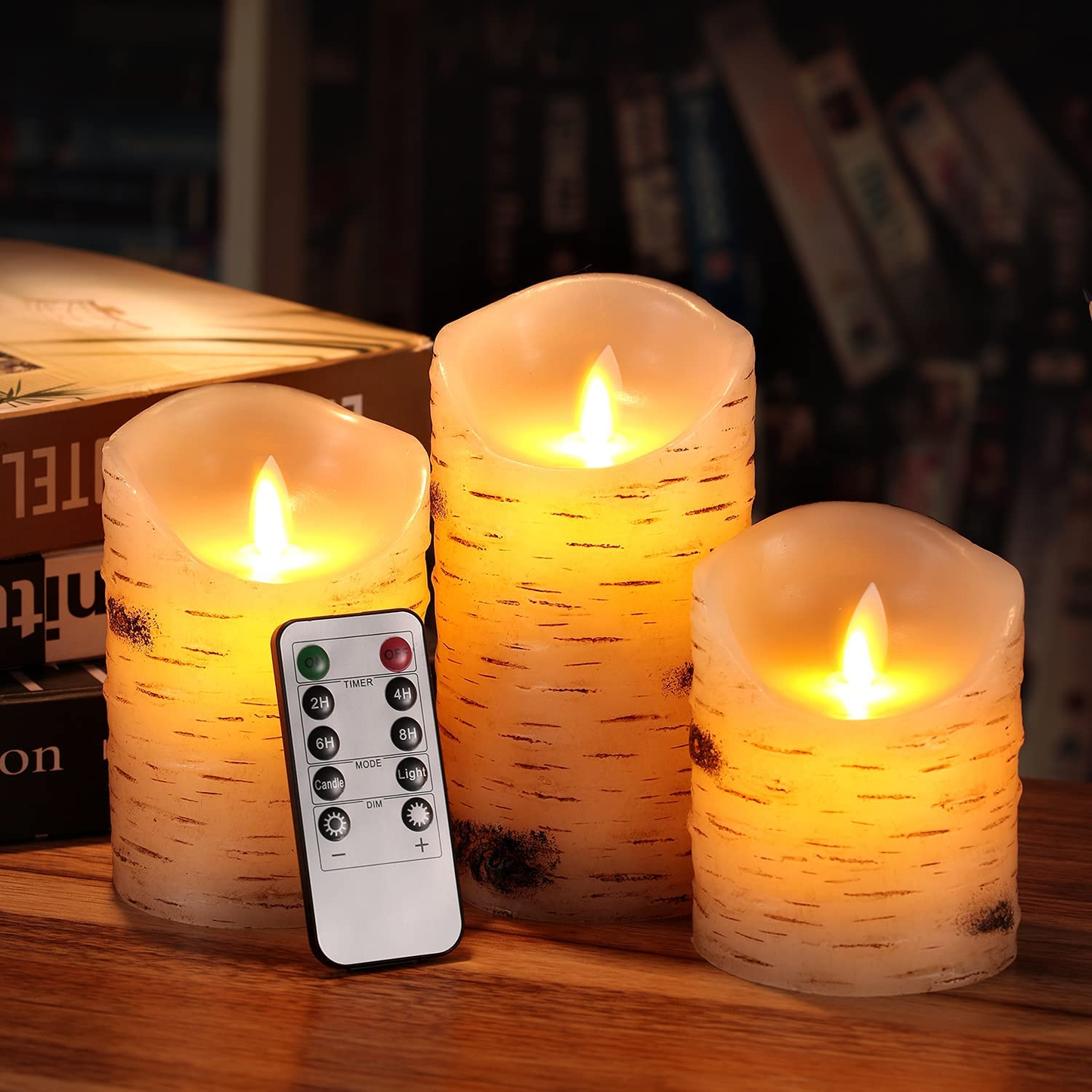 Flameless Candles LED Candles Set of 3 (D 3.25 X H 4 5 6) Ivory Real Wax Pillar Birch Bark Effect Battery Operated Candles Dancing LED Flame 10-Key Remote Control and Cycling 24 Hrs Timer