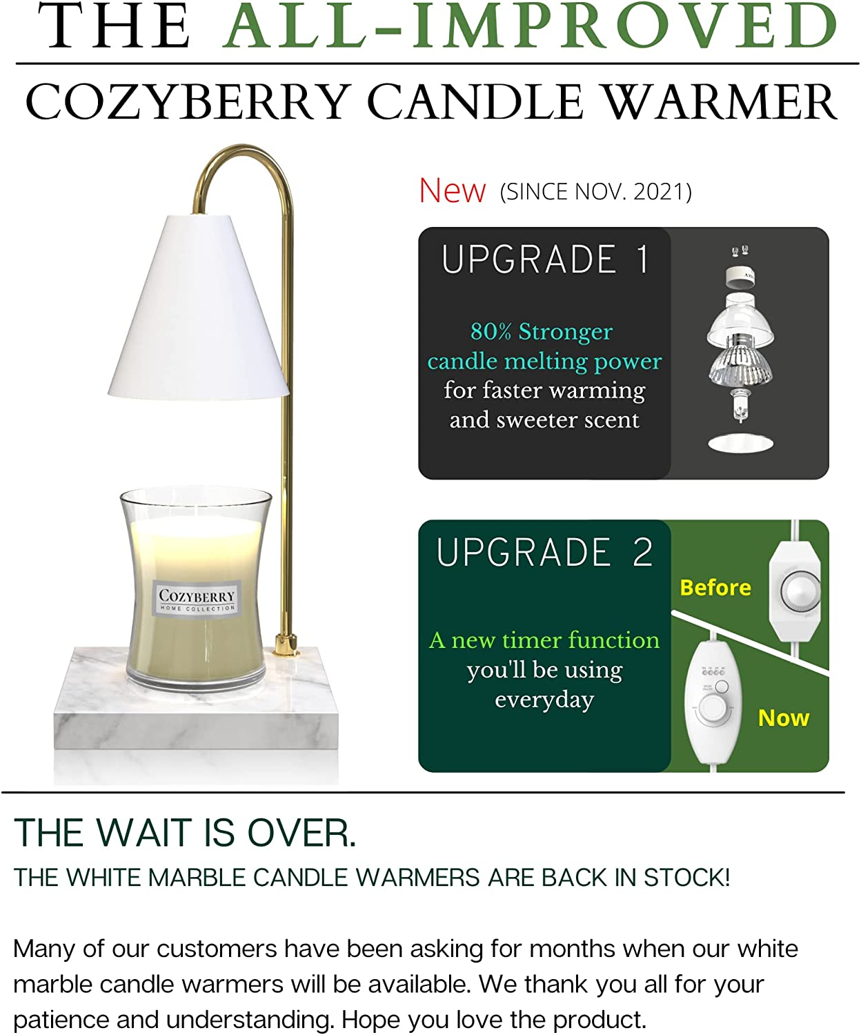 Candle Warmer Lamp, Compatible with Yankee Candle Large Jar Candle, Candle Lamp, Dimmable Lamp Style Candle Melter for Scented Candle, Wax Melt, Small & Large Size Jar Candles (Marble White)