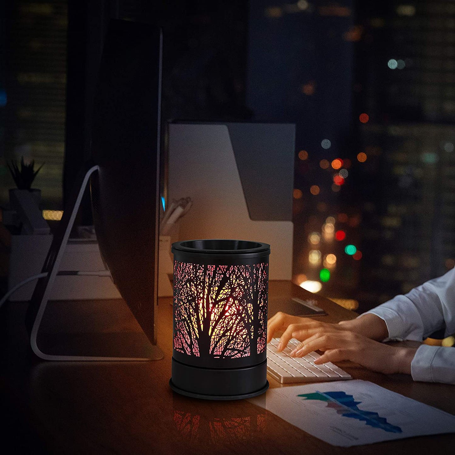 Fragrance Wax Melts Warmer with 7 Colors LED Changing Light Classic Black Forest Design Scent Oil Candle Warmer