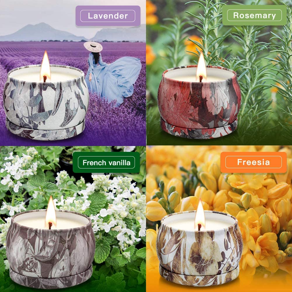 Scented Candles Gift Set 4 Pack Scented Candles Aromatherapy Candle Gifts 100% Natural Soy Wax Portable Travel Tin Jar Candles for Yoga for Birthday, Christmas, Thanksgiving, Mother'S Day
