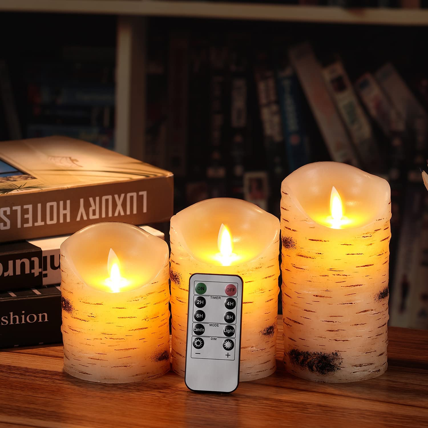 Flameless Candles LED Candles Set of 3 (D 3.25 X H 4 5 6) Ivory Real Wax Pillar Birch Bark Effect Battery Operated Candles Dancing LED Flame 10-Key Remote Control and Cycling 24 Hrs Timer