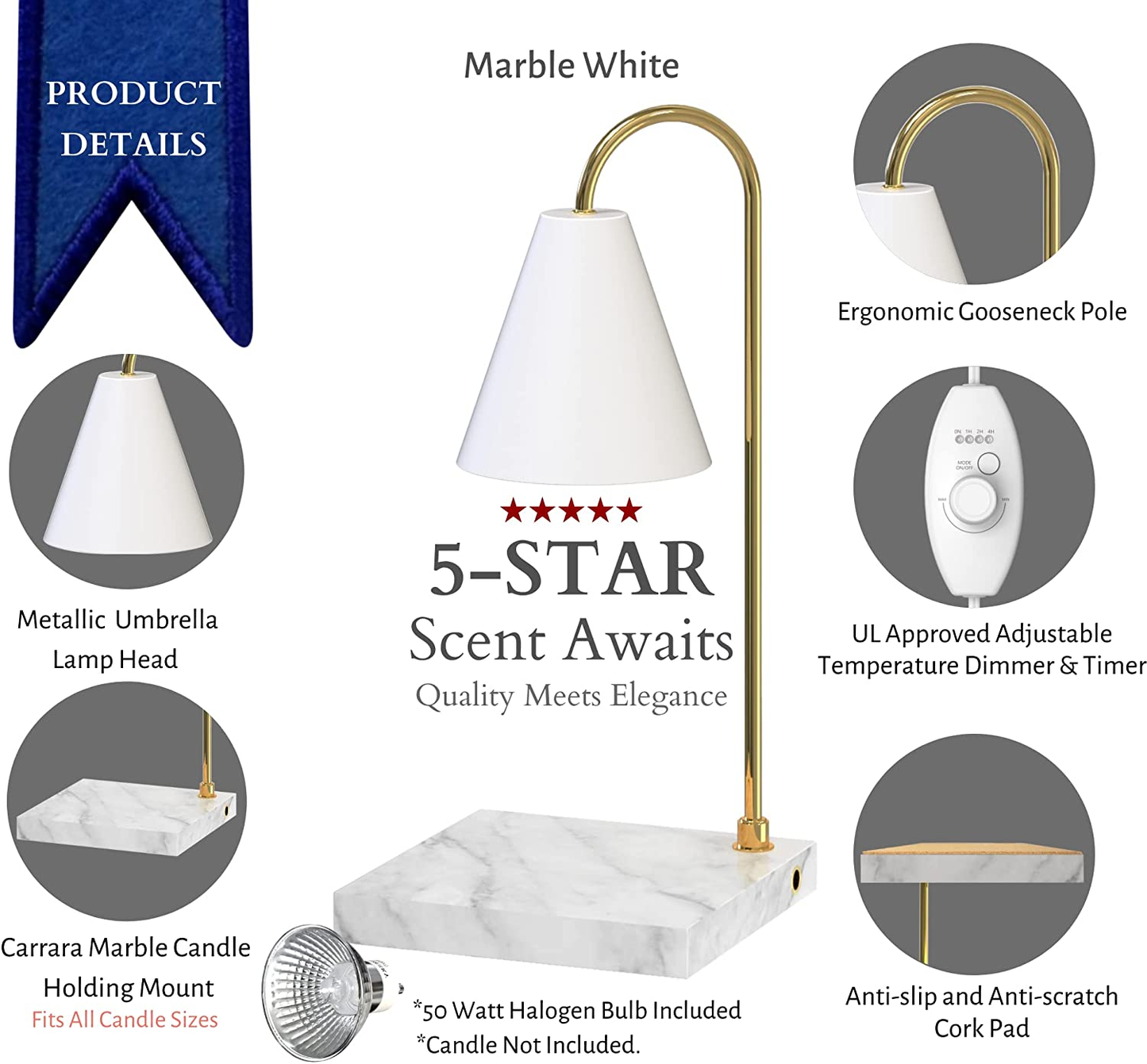 Candle Warmer Lamp, Compatible with Yankee Candle Large Jar Candle, Candle Lamp, Dimmable Lamp Style Candle Melter for Scented Candle, Wax Melt, Small & Large Size Jar Candles (Marble White)
