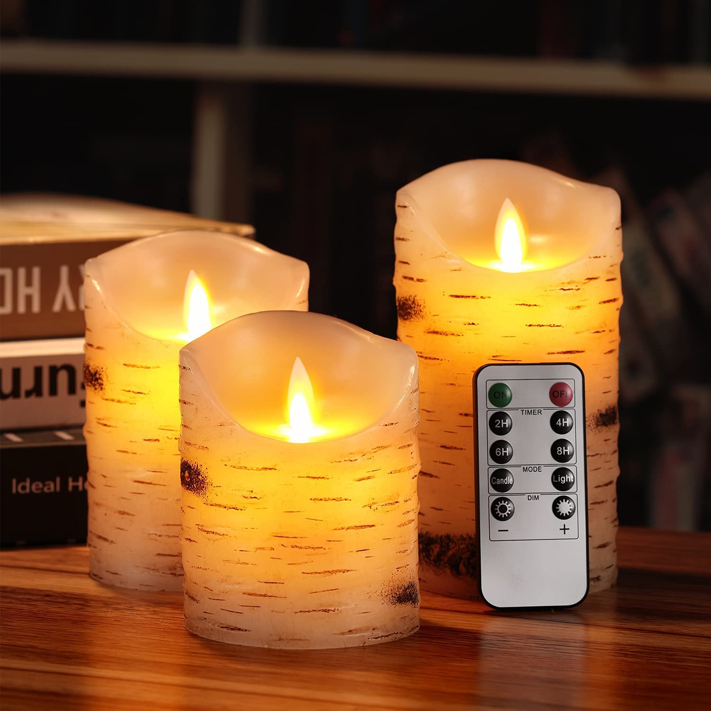 Flameless Candles LED Candles Set of 3 (D 3.25 X H 4 5 6) Ivory Real Wax Pillar Birch Bark Effect Battery Operated Candles Dancing LED Flame 10-Key Remote Control and Cycling 24 Hrs Timer