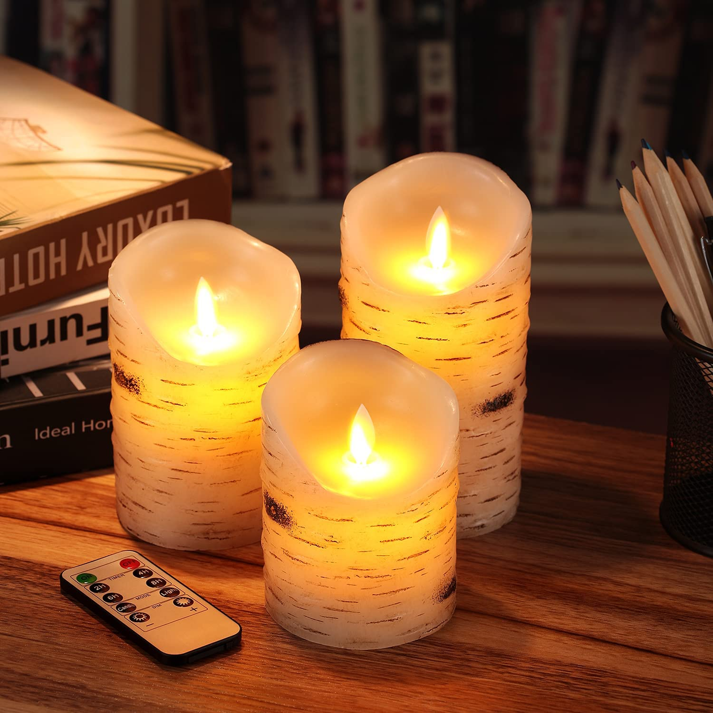 Flameless Candles LED Candles Set of 3 (D 3.25 X H 4 5 6) Ivory Real Wax Pillar Birch Bark Effect Battery Operated Candles Dancing LED Flame 10-Key Remote Control and Cycling 24 Hrs Timer