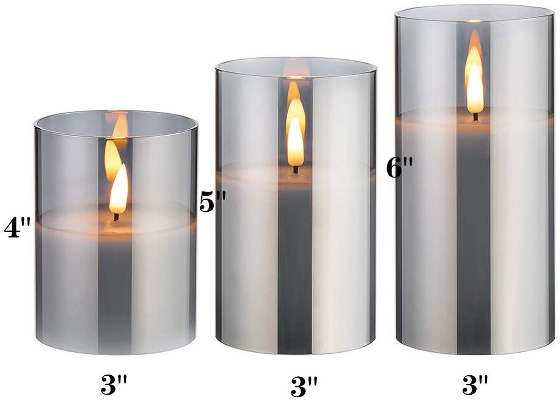 Glass Flameless Candles with Remote Battery Operated Flickering LED Pillar Candles Real Wax Wick 3 Pack D 3" H 4" 5" 6" Grey