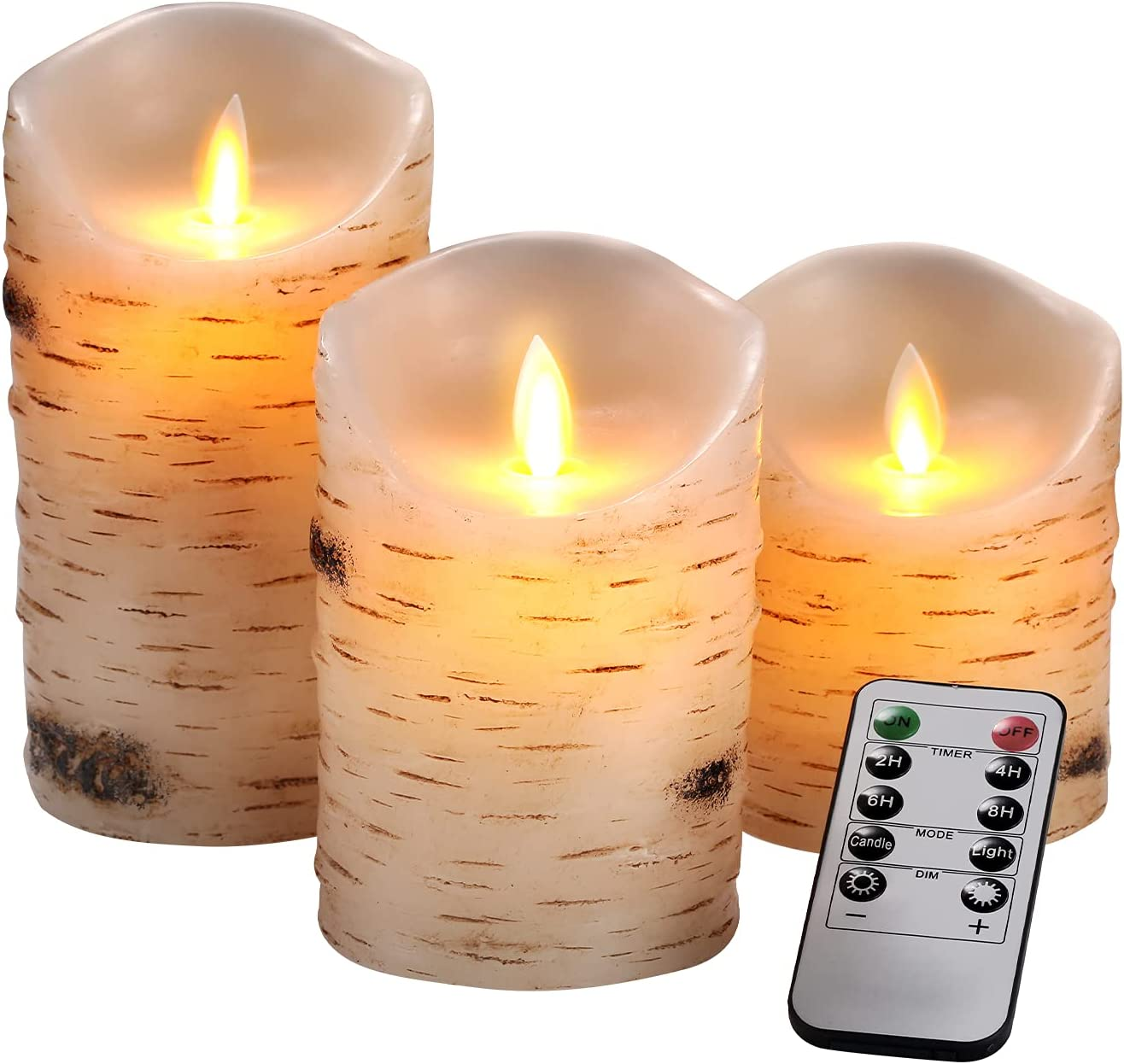 Flameless Candles LED Candles Set of 3 (D 3.25 X H 4 5 6) Ivory Real Wax Pillar Birch Bark Effect Battery Operated Candles Dancing LED Flame 10-Key Remote Control and Cycling 24 Hrs Timer