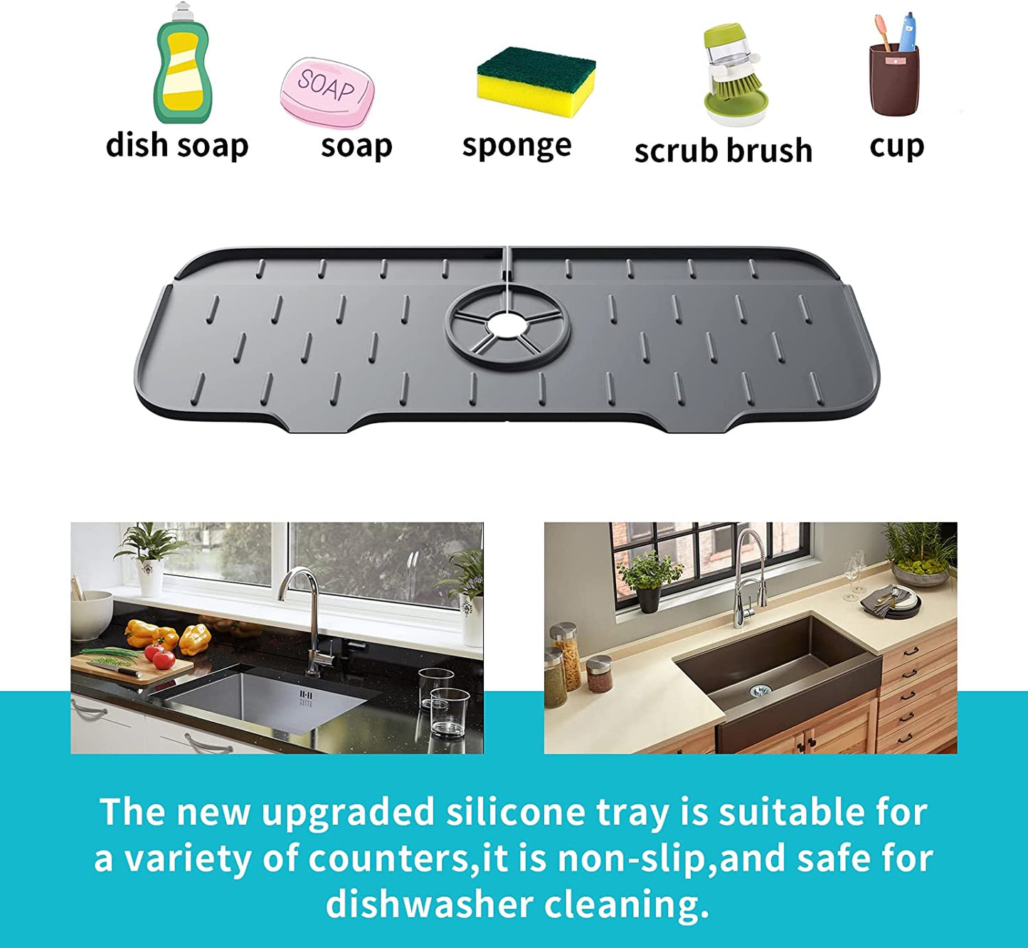 Kitchen Sink Splash Guard Mat - Silicone Sink Water Splash Catcher Pad behind Faucet for Kitchen, Bathroom, Sink Draining Dish Drying Mat Countertop Splash Protector & Storage (Dark Grey)