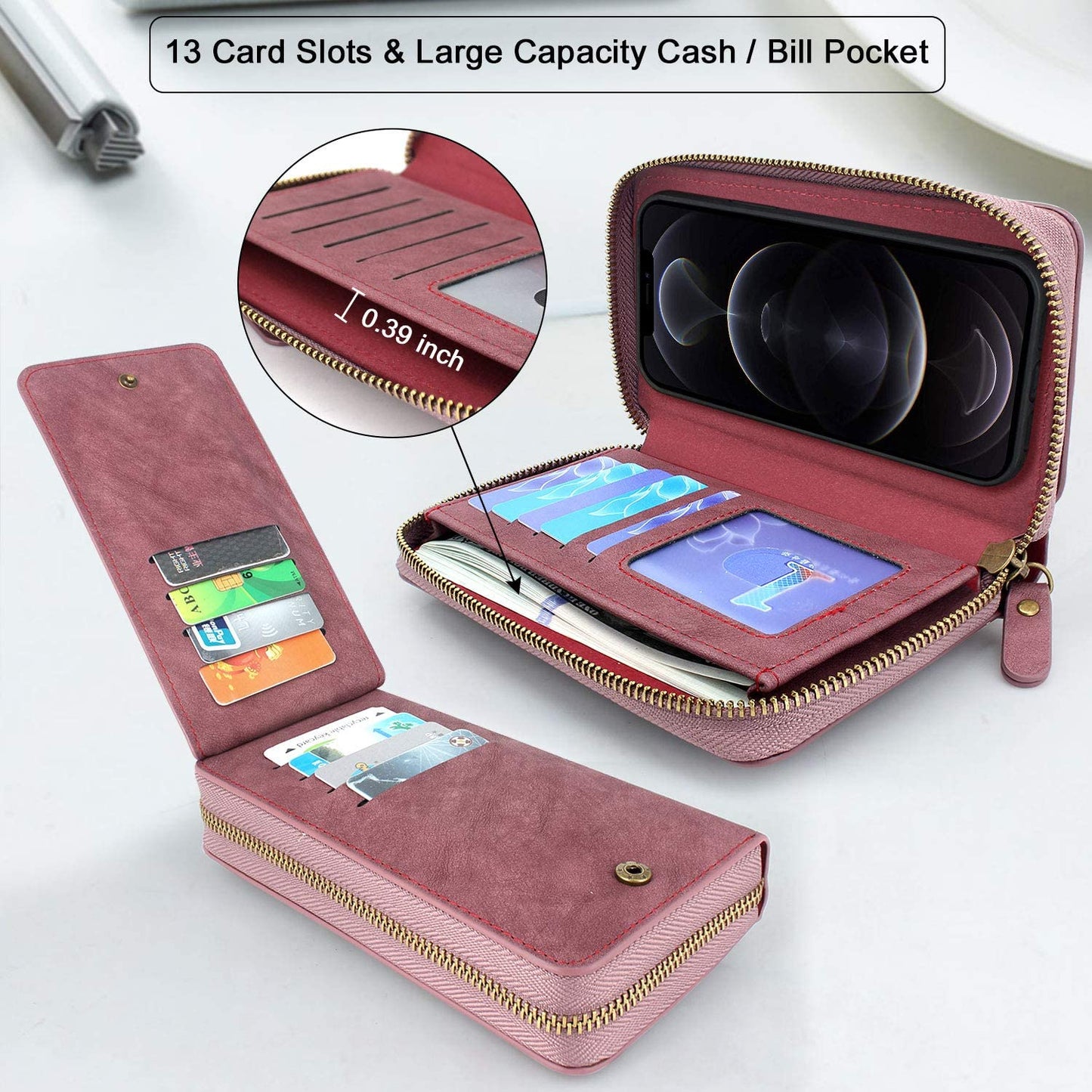 Lacass Compatible with Iphone 12 Pro Max Crossbody Chain Dual Zipper Detachable Magnetic Leather Wallet Case Cover Wristlets Wrist Strap with Card Slot Money Pocket(Wine Red)