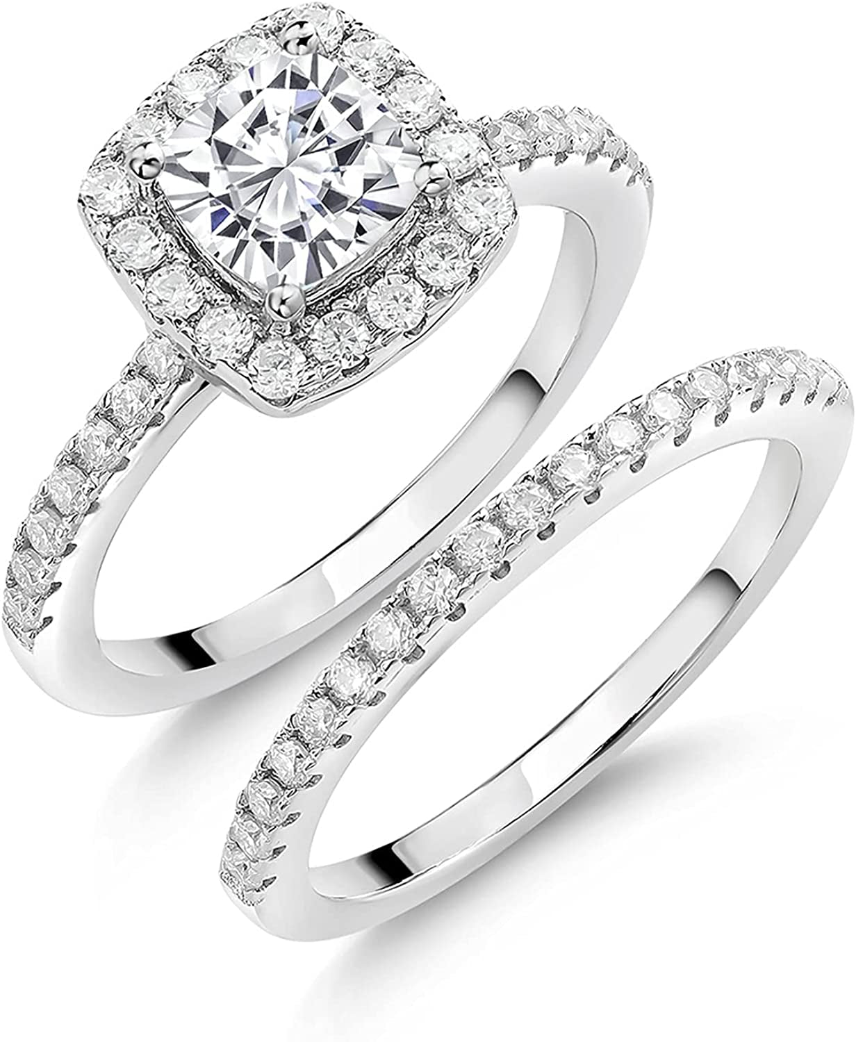 925 Sterling Silver Created Moissanite by Women Wedding Engagement Ring Band Bridal Set (1.62 Cttw, Available in Size 5, 6, 7, 8, 9)