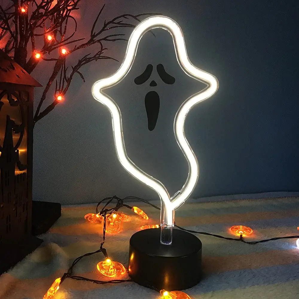Halloween Cute Ghost Neon Sign,Spooky White Ghost Table Decor, USB or Battery Powered LED Neon Night Light for Kids Bedroom,Kitchen,Halloween Party,White Ghost