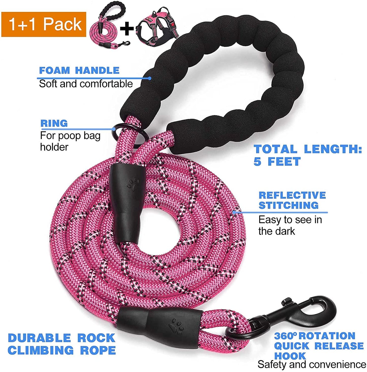 No Pull Dog Harness Adjustable Reflective Oxford Easy Control Medium Large Dog Harness with a Free Heavy Duty 5Ft Dog Leash (L (Neck: 18"-25.5", Chest: 24.5"-33"), Pink Harness+Leash)