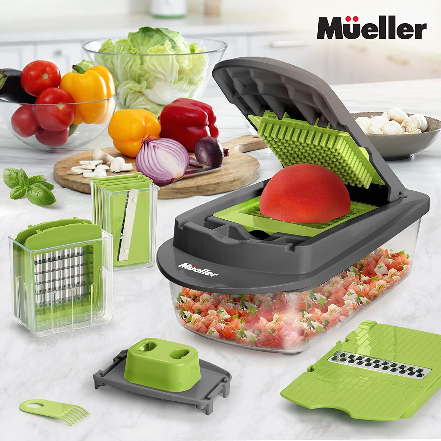 Mueller Pro-Series 10-In-1, 8 Blade Vegetable Slicer, Onion Mincer Chopper, Vegetable Chopper, Cutter, Dicer, Egg Slicer with Container