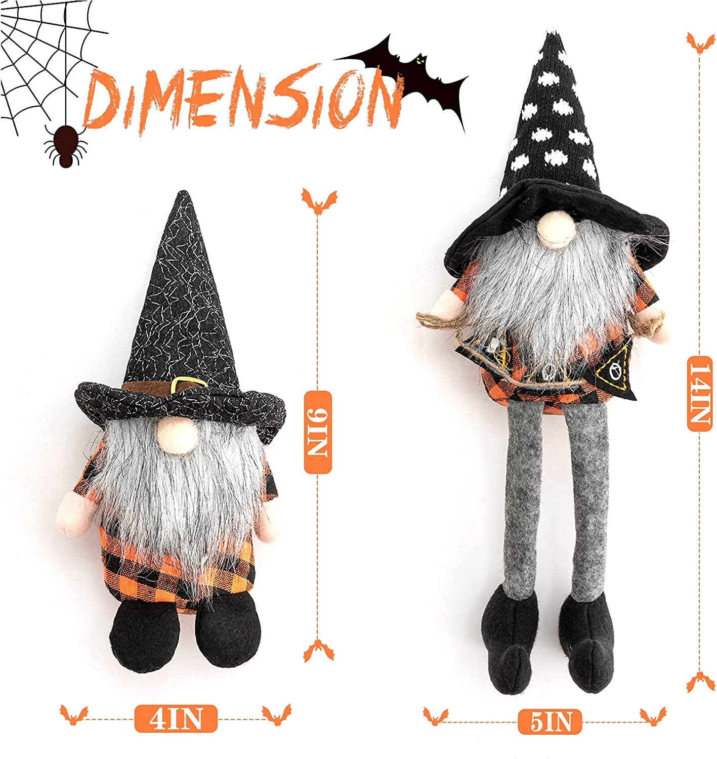 Halloween Gnome Decorations Set of 4, Elf Plush Doll for Home Bar Décor Household Ornaments, Tomte with 4 Different Designs and 2 Different Size