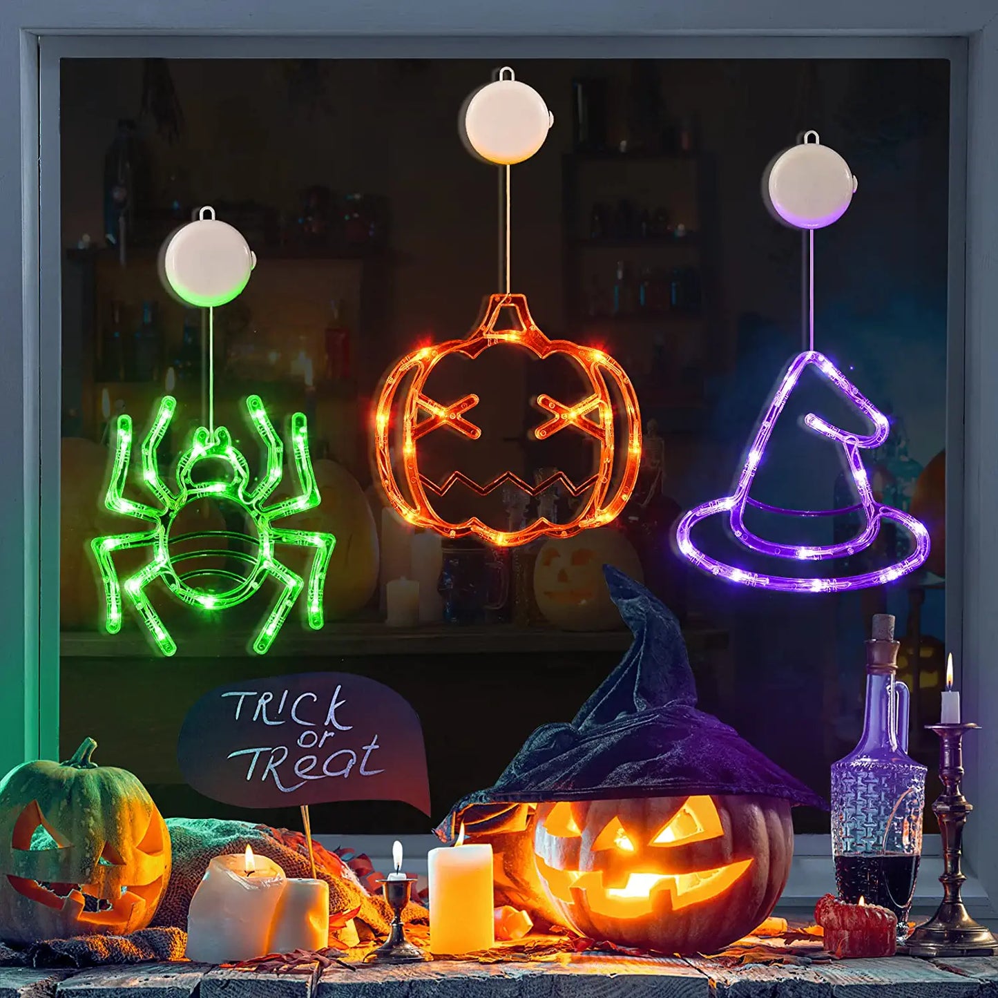 Halloween Decorations,3 Pack of Orange Pumpkin, Green Spider and Purple Witch Hat Halloween Window Lights with Suction Cup, Battery Operated Indoor Lights for Halloween Window Decoration
