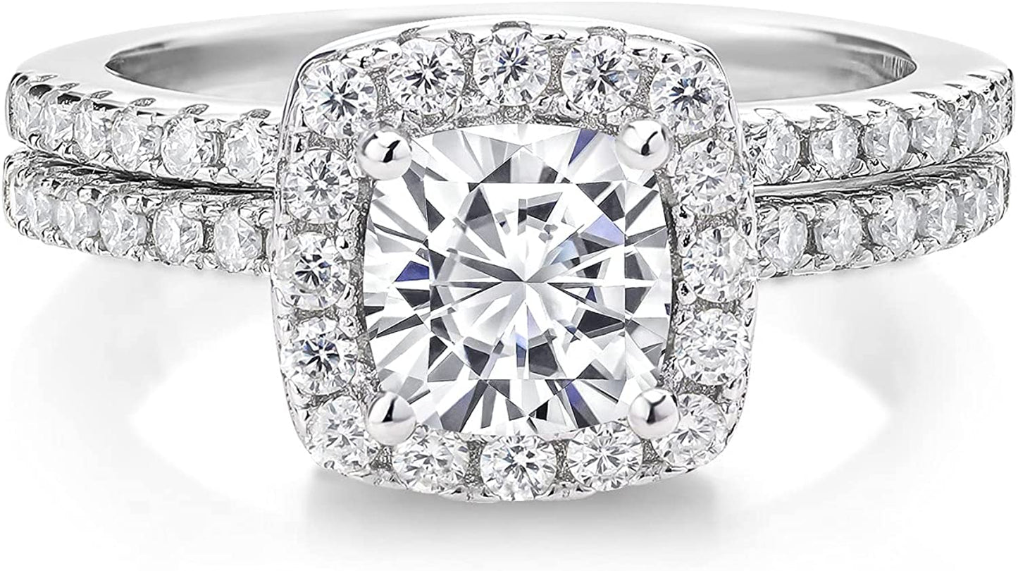 925 Sterling Silver Created Moissanite by Women Wedding Engagement Ring Band Bridal Set (1.62 Cttw, Available in Size 5, 6, 7, 8, 9)