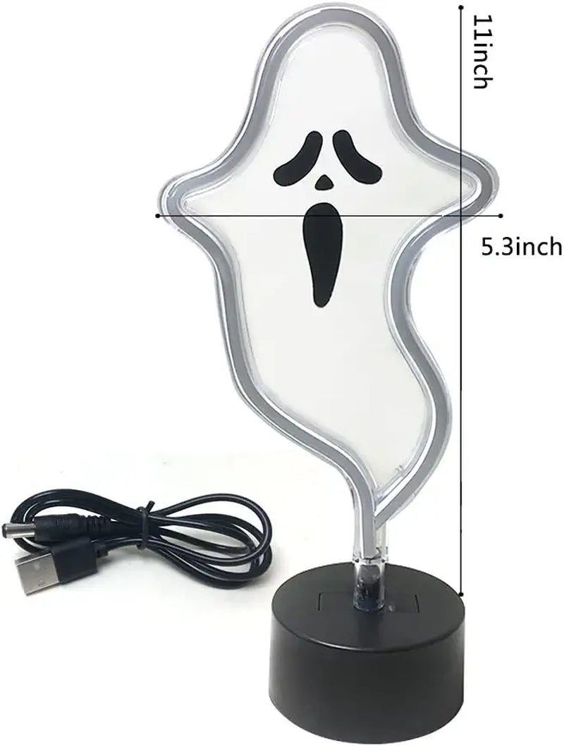 Halloween Cute Ghost Neon Sign,Spooky White Ghost Table Decor, USB or Battery Powered LED Neon Night Light for Kids Bedroom,Kitchen,Halloween Party,White Ghost