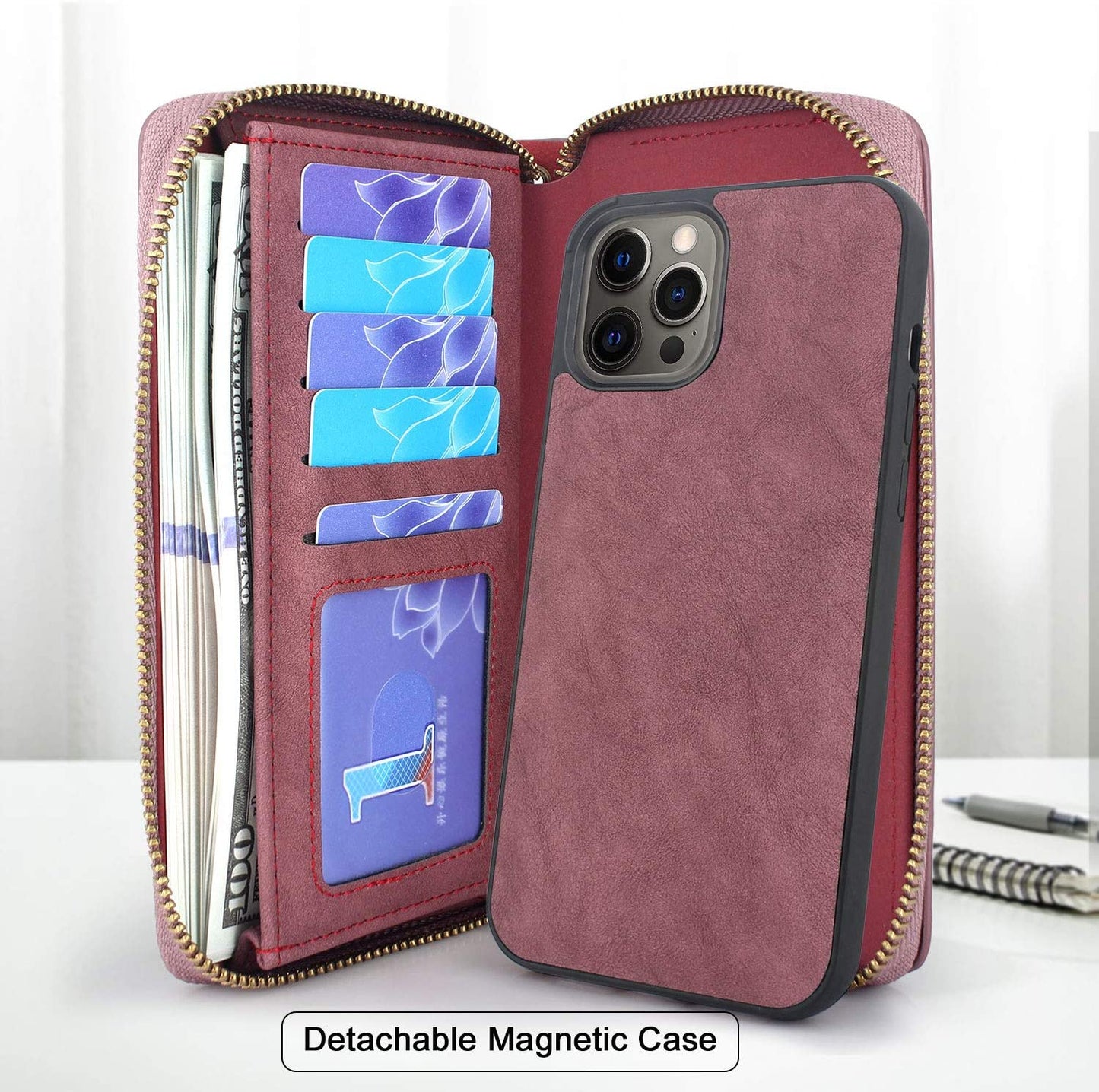 Lacass Compatible with Iphone 12 Pro Max Crossbody Chain Dual Zipper Detachable Magnetic Leather Wallet Case Cover Wristlets Wrist Strap with Card Slot Money Pocket(Wine Red)
