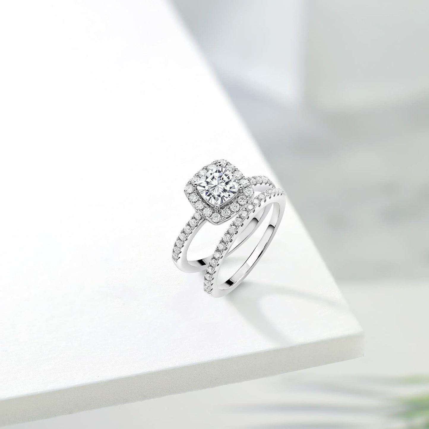 925 Sterling Silver Created Moissanite by Women Wedding Engagement Ring Band Bridal Set (1.62 Cttw, Available in Size 5, 6, 7, 8, 9)