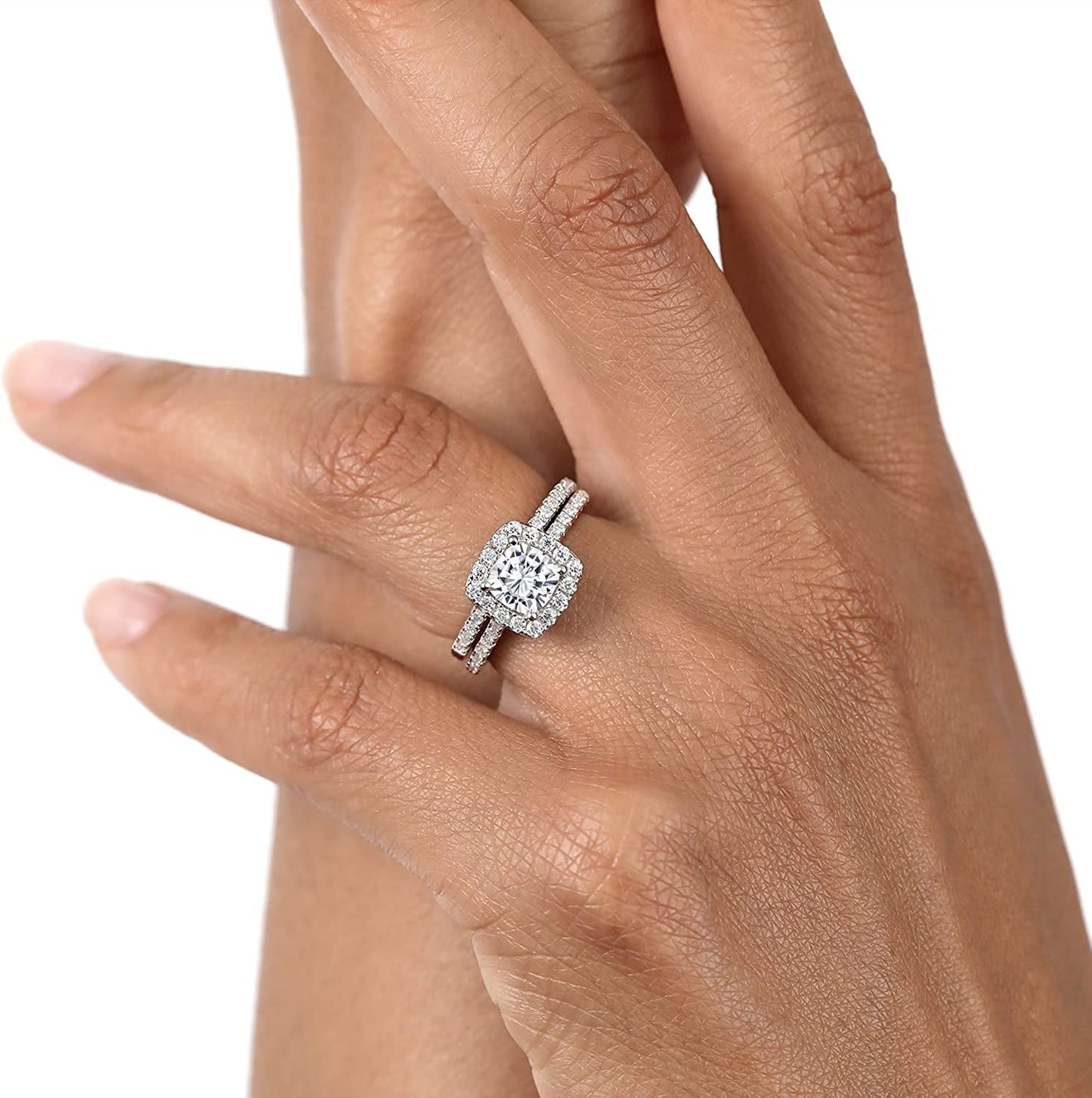 925 Sterling Silver Created Moissanite by Women Wedding Engagement Ring Band Bridal Set (1.62 Cttw, Available in Size 5, 6, 7, 8, 9)
