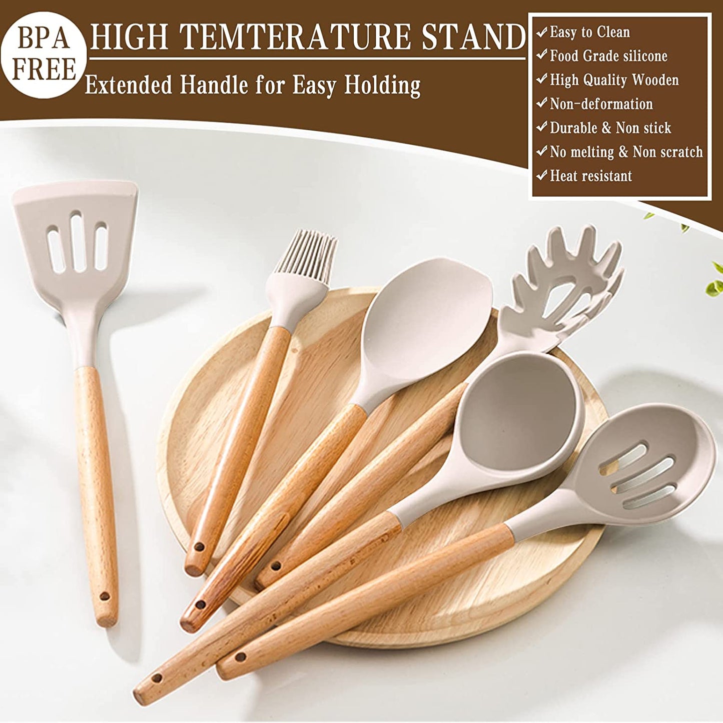 Kitchen Cooking Utensils Set, 33 Pcs Non-Stick Silicone Cooking Kitchen Utensils Spatula Set with Holder, Wooden Handle Silicone Kitchen Gadgets Utensil Set (Khaki)