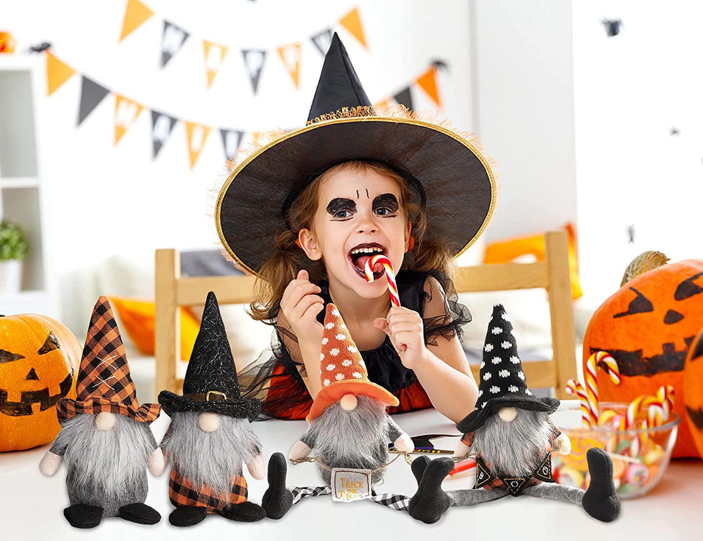 Halloween Gnome Decorations Set of 4, Elf Plush Doll for Home Bar Décor Household Ornaments, Tomte with 4 Different Designs and 2 Different Size