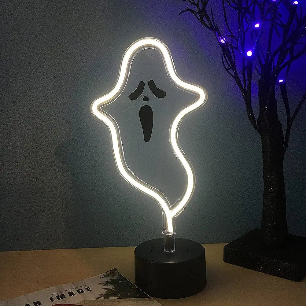 Halloween Cute Ghost Neon Sign,Spooky White Ghost Table Decor, USB or Battery Powered LED Neon Night Light for Kids Bedroom,Kitchen,Halloween Party,White Ghost