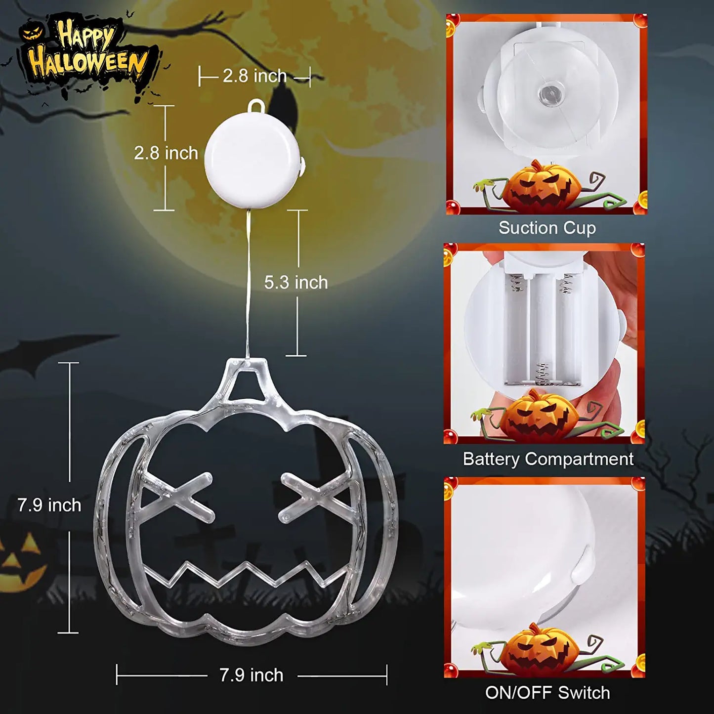 Halloween Decorations,3 Pack of Orange Pumpkin, Green Spider and Purple Witch Hat Halloween Window Lights with Suction Cup, Battery Operated Indoor Lights for Halloween Window Decoration